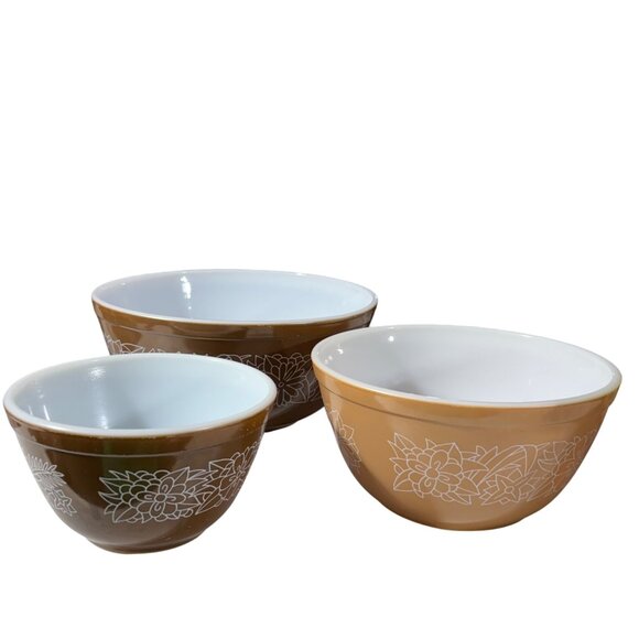 Vintage Pyrex Mixing Bowl Set Woodland Brown & Tan Floral Design 401 402 403 - Picture 1 of 9